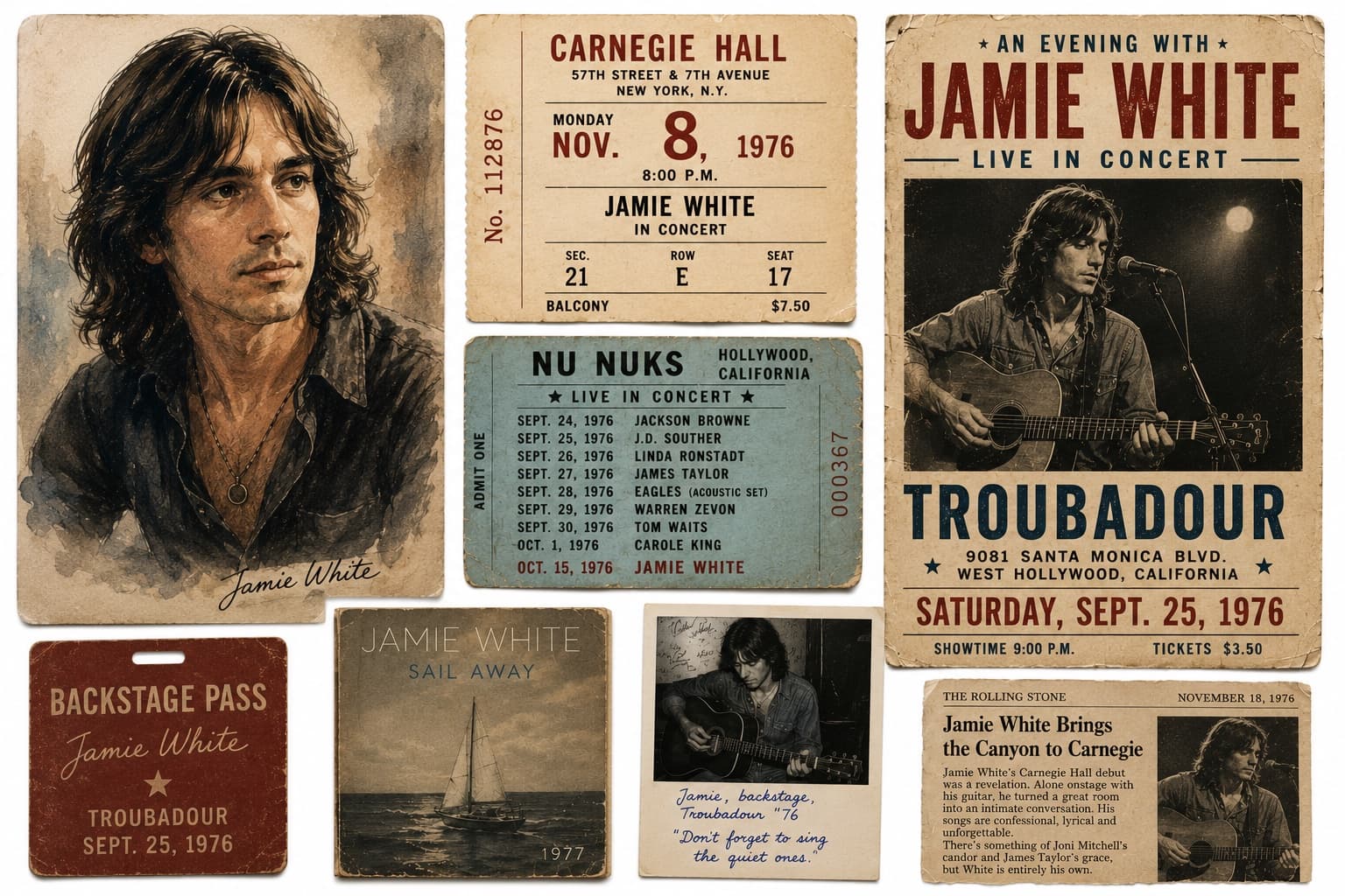 Jamie White archive — Carnegie Hall ticket, Sail Away single, backstage pass